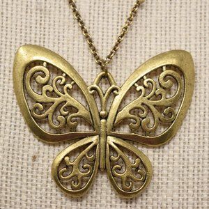Boho Big Butterfly Necklace Metal Goldtone Brasstone Distressed Pendant & Chain